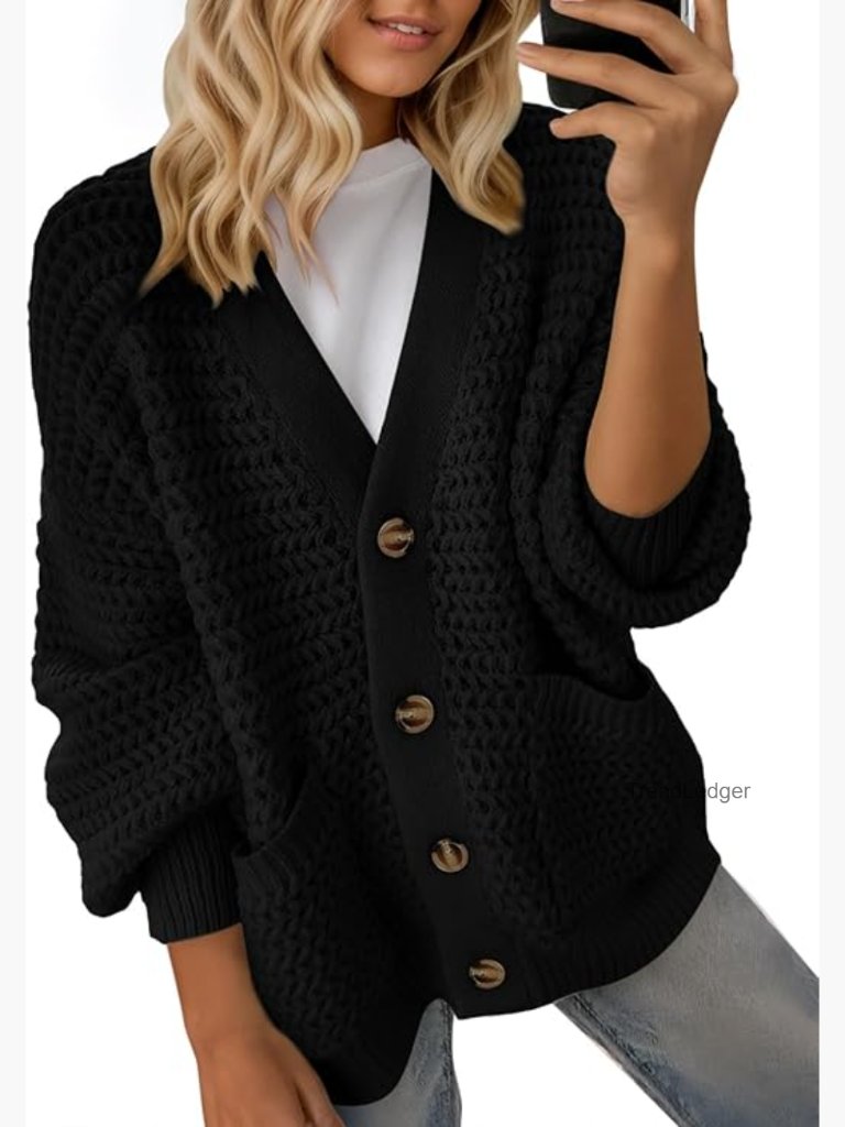 Open Front Chunky Knit Cardigan - Long Sleeve V-Neck